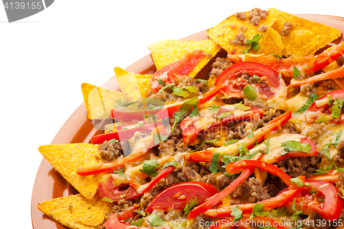 Image of spicy nachos with pork, tomato and pepper