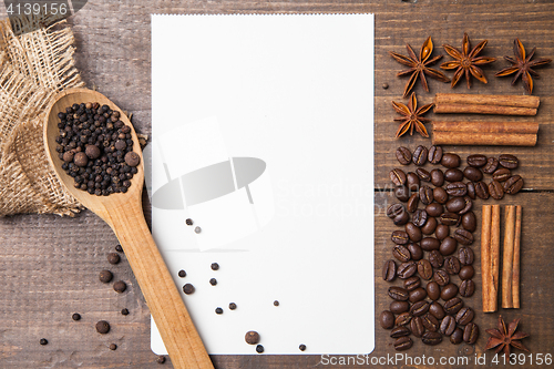 Image of blank paper for recipes  with coffee and spices
