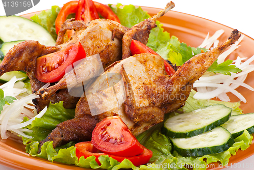 Image of Two whole quail with cucumber, tomatoes and onion