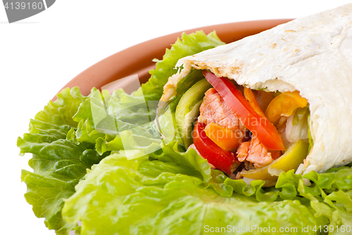 Image of burrito with salmon, peppers and tomato