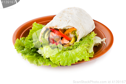 Image of burrito with salmon, peppers and tomato