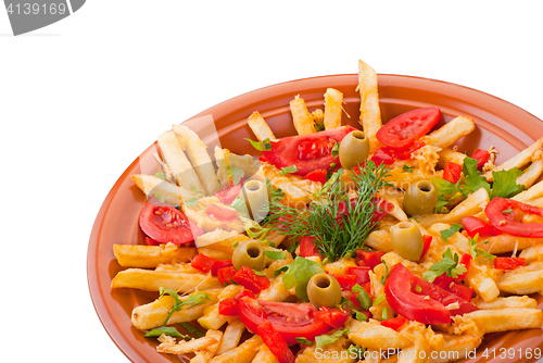 Image of golden French fries potatoes with tomato and olive
