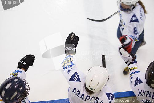 Image of Moscow, Russia - January, 07, 2017: Female amateur hockey leage LHL-77. Game between female hockey team \"Grad\" and female hockey team \"Atlant\".