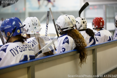 Image of Moscow, Russia - January, 07, 2017: Female amateur hockey leage LHL-77. Game between female hockey team \"Grad\" and female hockey team \"Atlant\".