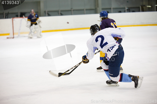 Image of Moscow, Russia - January, 07, 2017: Female amateur hockey leage LHL-77. Game between female hockey team \"Grad\" and female hockey team \"Atlant\".