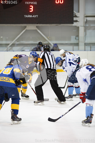 Image of Moscow, Russia - January, 07, 2017: Female amateur hockey leage LHL-77. Game between female hockey team \"Grad\" and female hockey team \"Atlant\".