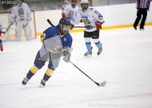 Image of Moscow, Russia - January, 07, 2017: Female amateur hockey leage LHL-77. Game between female hockey team \"Grad\" and female hockey team \"Atlant\".