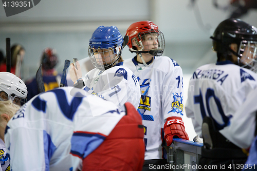 Image of Moscow, Russia - January, 07, 2017: Female amateur hockey leage LHL-77. Game between female hockey team \"Grad\" and female hockey team \"Atlant\".