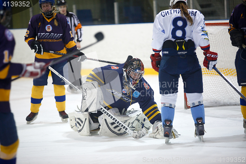 Image of Moscow, Russia - January, 07, 2017: Female amateur hockey leage LHL-77. Game between female hockey team \"Grad\" and female hockey team \"Atlant\".