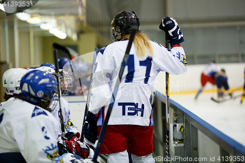 Image of Moscow, Russia - January, 07, 2017: Female amateur hockey leage LHL-77. Game between female hockey team \"Grad\" and female hockey team \"Atlant\".