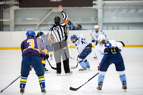 Image of Moscow, Russia - January, 07, 2017: Female amateur hockey leage LHL-77. Game between female hockey team \"Grad\" and female hockey team \"Atlant\".