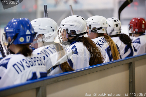 Image of Moscow, Russia - January, 07, 2017: Female amateur hockey leage LHL-77. Game between female hockey team \"Grad\" and female hockey team \"Atlant\".