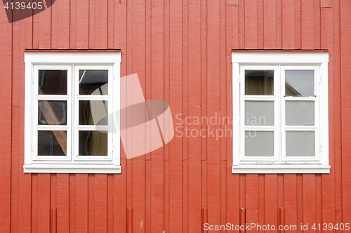 Image of Red wall of a rorbu, Lofoten, Islands, Norway, Europe