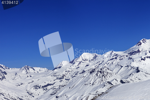 Image of Panoramic view on off-piste slope and snow mountain at sun winte