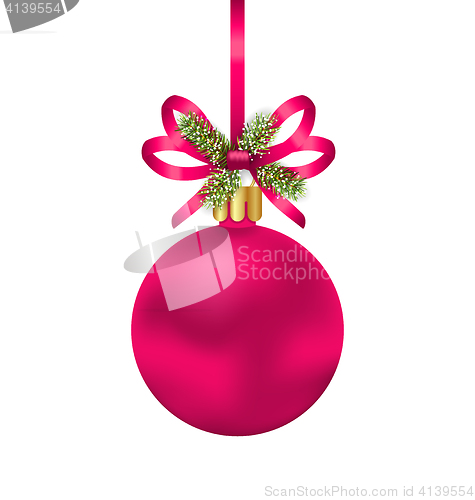 Image of Christmas Pink Ball with Bow Ribbon and Fir Twigs