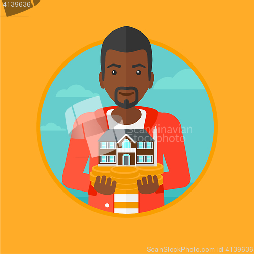 Image of Man holding house model vector illustration.