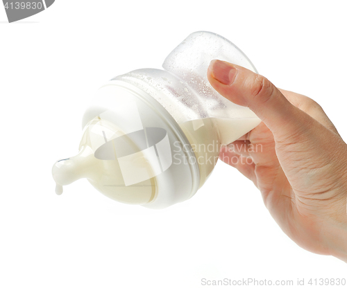 Image of baby milk bottle in mother hand