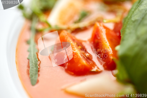 Image of close up of gazpacho soup at restaurant