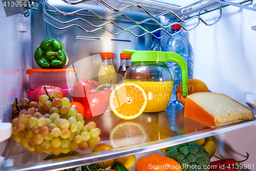 Image of Open refrigerator filled with food