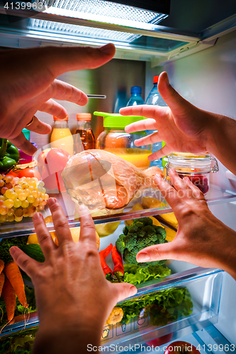 Image of Human hands reaching for turkey leg food at night in the open re