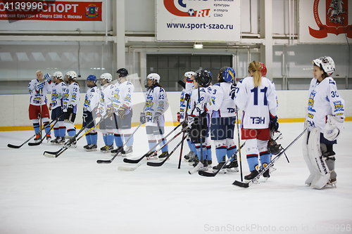 Image of Moscow, Russia - January, 07, 2017: Female amateur hockey leage LHL-77. Game between female hockey team \"Grad\" and female hockey team \"Atlant\".