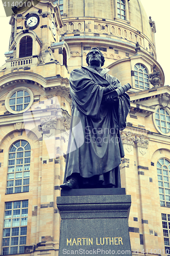 Image of Frauenkirche (Our Lady church) and statue Martin Luther in the c