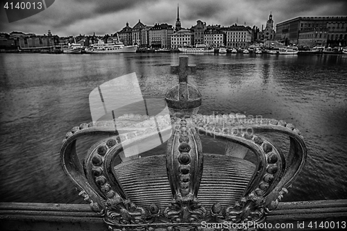 Image of Skeppsholmsbron (Skeppsholm Bridge) with Golden Crown on a bridg