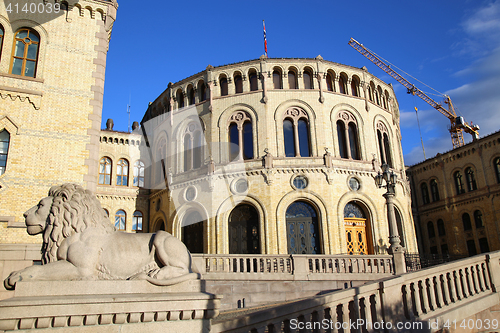 Image of Norwegian parliament Storting Oslo in central Oslo, Norway