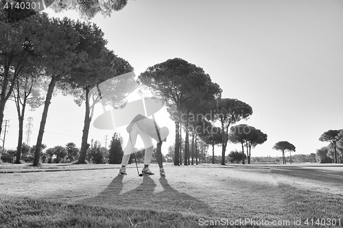 Image of golf player placing ball on tee