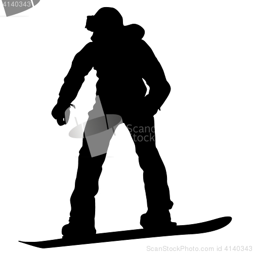 Image of Black silhouettes snowboarders on white background.