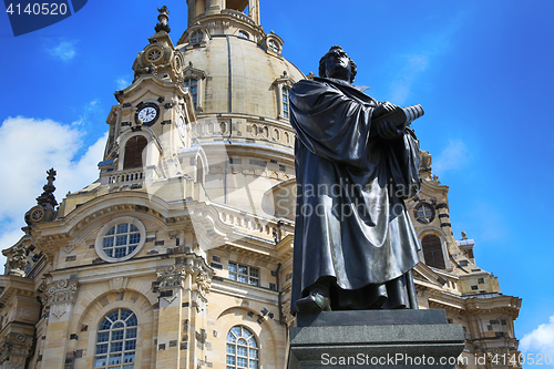 Image of Frauenkirche (Our Lady church) and statue Martin Luther in the c