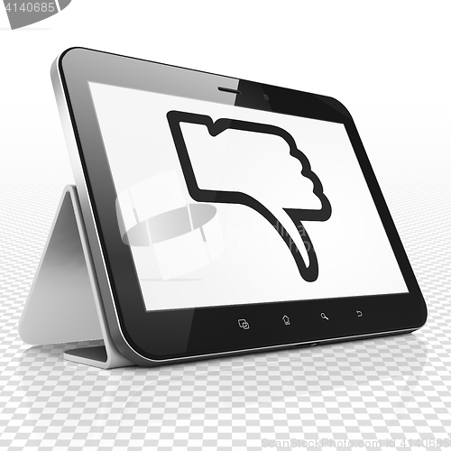 Image of Social media concept: Tablet Computer with Thumb Down on display