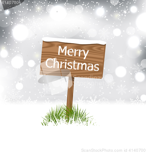 Image of Snow covered wooden billboard, Christmas snowflakes background