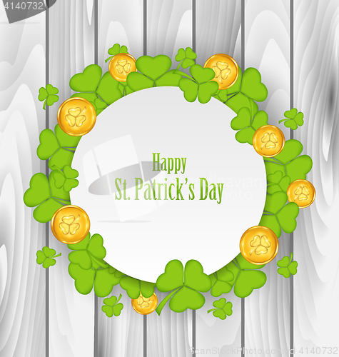 Image of Greeting Card with Clovers and Golden Coins for St. Patrick\'s Da