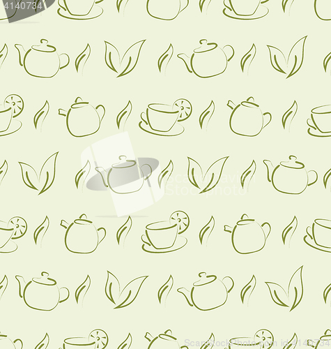 Image of Seamless Wallpaper with Herbal Tea, Cups and Teapots. Freehand Style