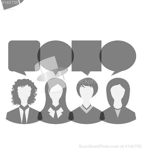 Image of Icons of business women with dialog speech bubbles, copy space f