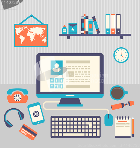 Image of Flat design of modern creative office workspace with computer