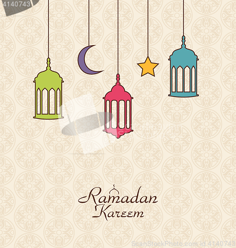 Image of Celebration Islamic Card with Arabic Hanging Lamps for Ramadan K
