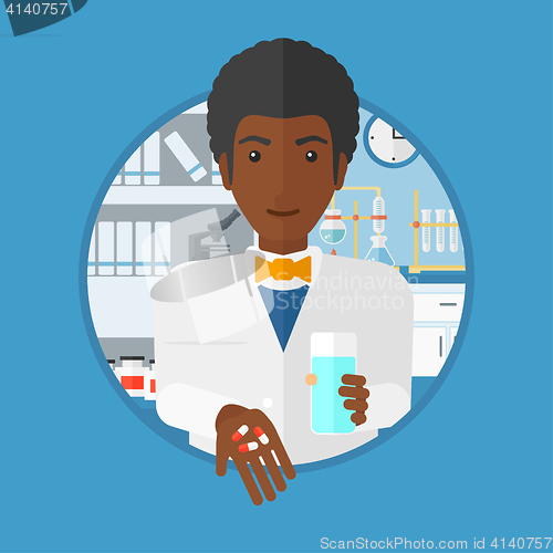 Image of Pharmacist giving pills and glass of water.