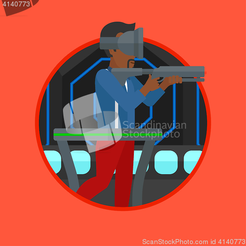 Image of Man in virtual reality headset playing video game.