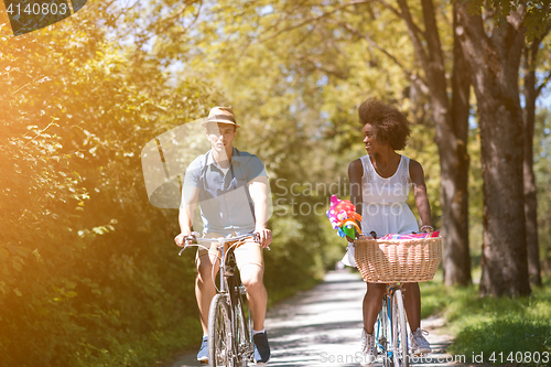 Image of Young multiethnic couple having a bike ride in nature