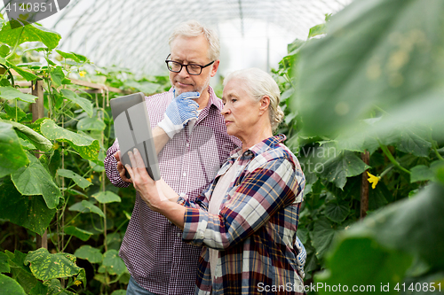 Image of senior couple with tablet pc at farm greenhouse