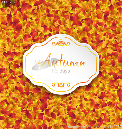 Image of Autumn Card on Orange Leaves Texture, September Background