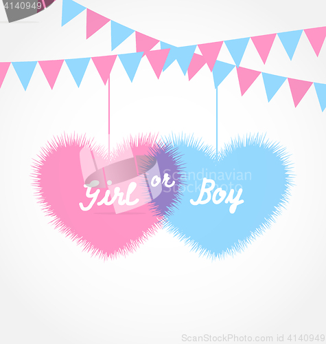 Image of Pink and blue baby shower in form hearts with hanging pennants