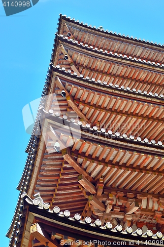 Image of Five-storied pagoda roofs and blue sky.