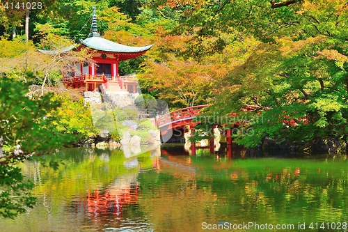 Image of Bentendo hall, a bridge and a pond at Daigoji temple.