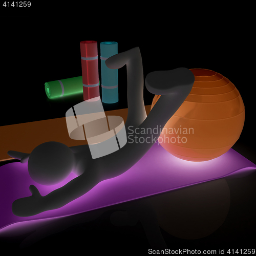 Image of 3d man on a karemat with fitness ball. 3D illustration