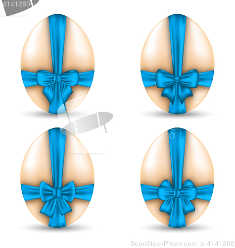 Image of Easter set celebration eggs wrapping blue bows with shadows isol