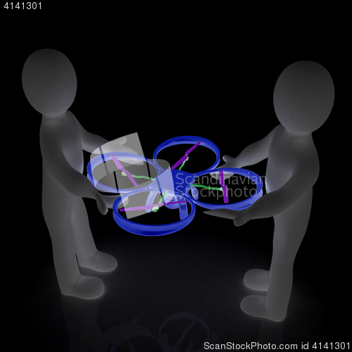 Image of 3d man with drone, quadrocopter, with photo camera. 3d render. 3