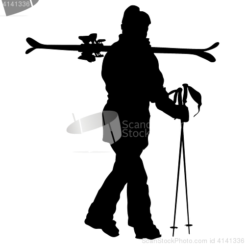 Image of Mountain skier speeding down slope. sport silhouette